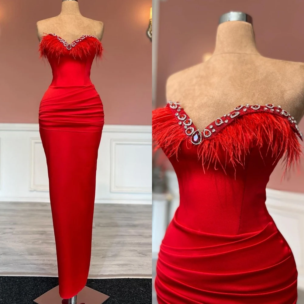 Retro Elegant Sweetheart Mermaid Feathers Satin Formal Occasion Gown robe de soirée femmes vestidos  noche