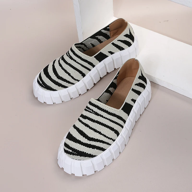 Rimocy Knitted Loafers Women Autumn 2022 Yellow Zebra Flat Heels Casual Shoes Woman Slip on Platform Flats Plus Size 43 Sneakers