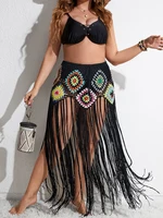 Plus Size Cover Ups Crochet Long Fringe Tassel Beach Dress Hollow Out Women Bikini Swimwear Bathing Suit Beachwear Tunics Skirt