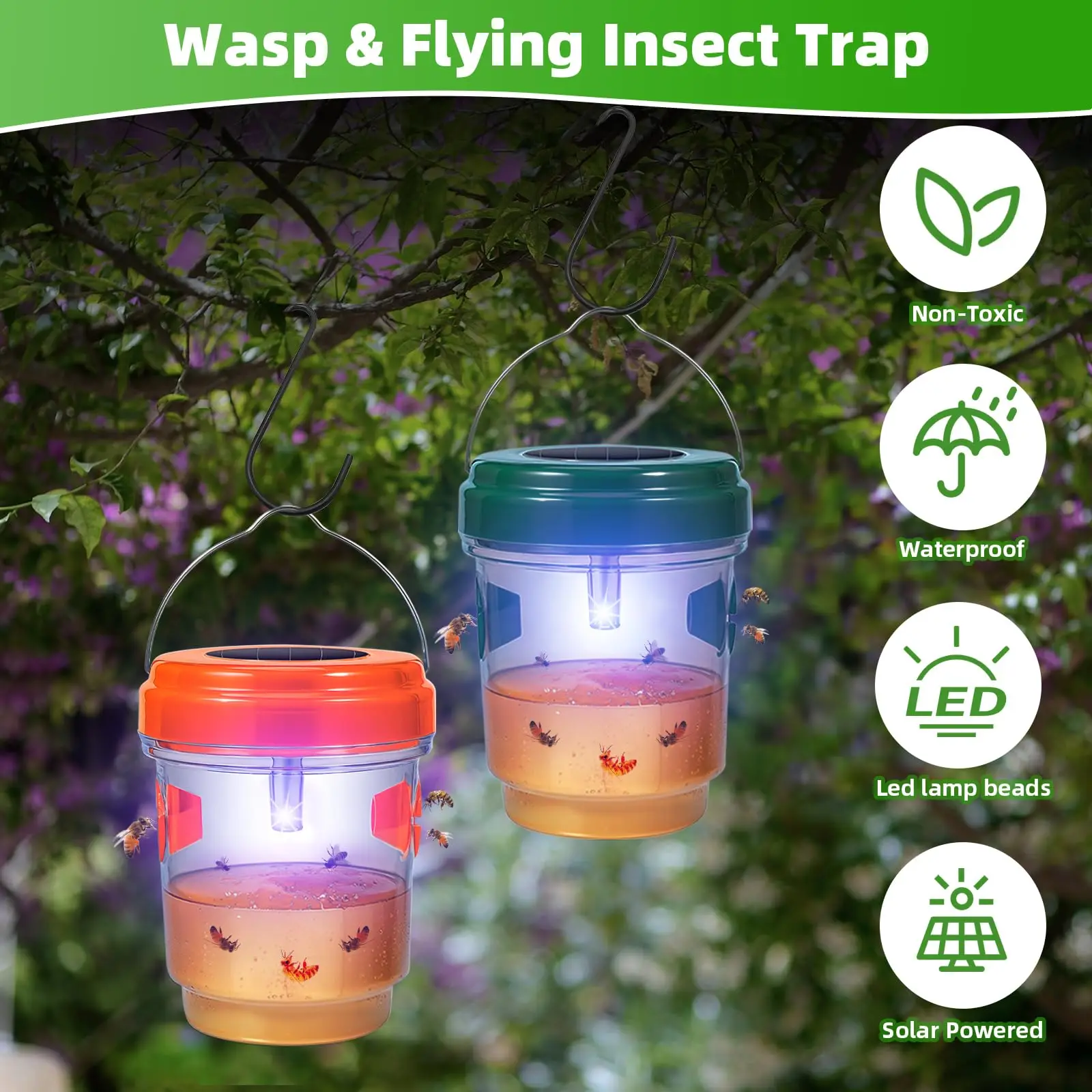Wasp Trap 4 Pack Solar Powered Bee Repellent Outdoor Hanging Hornet Killer Light Flying Insect Trap Wasp Catcher