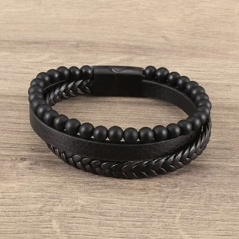 Vintage Punk Hand Woven Three Layer Leather Black Beaded Bracelet Magnetic Bracelet Clasp Men\'s Charm Business Event Jewelry 6