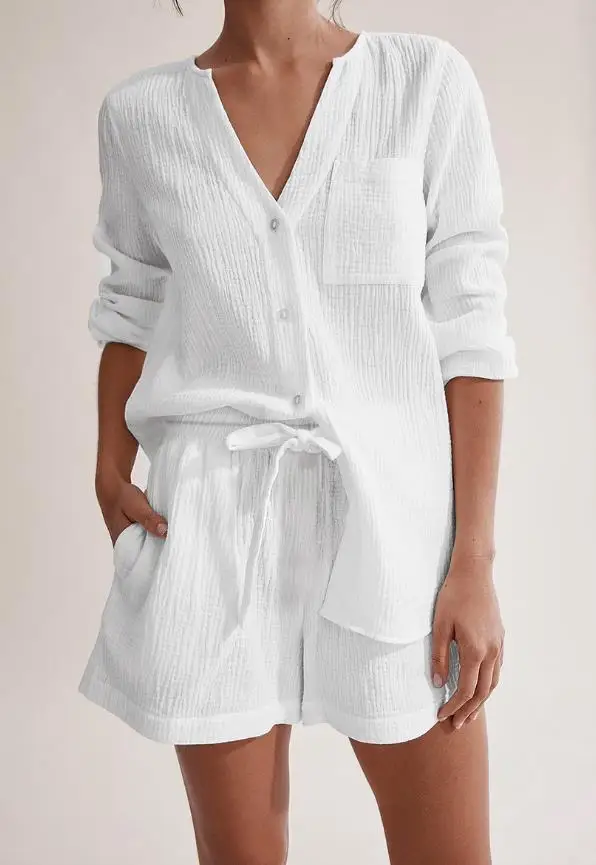 

Summer Woman Two-Piece Suit Outfits Comfortable Long-Sleeve Shorts Pajamas & Double-Layer Gauze Design Cotton Fashion Home Set