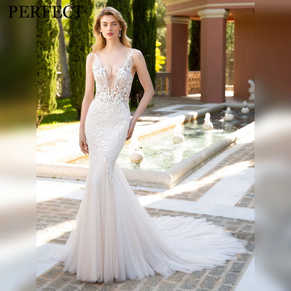 

PERFECT Wedding Dresses For Woman Classic Mermaid V-Neck Open Back Appliques Court Train Tulle Gorgeous Robe De Mariée