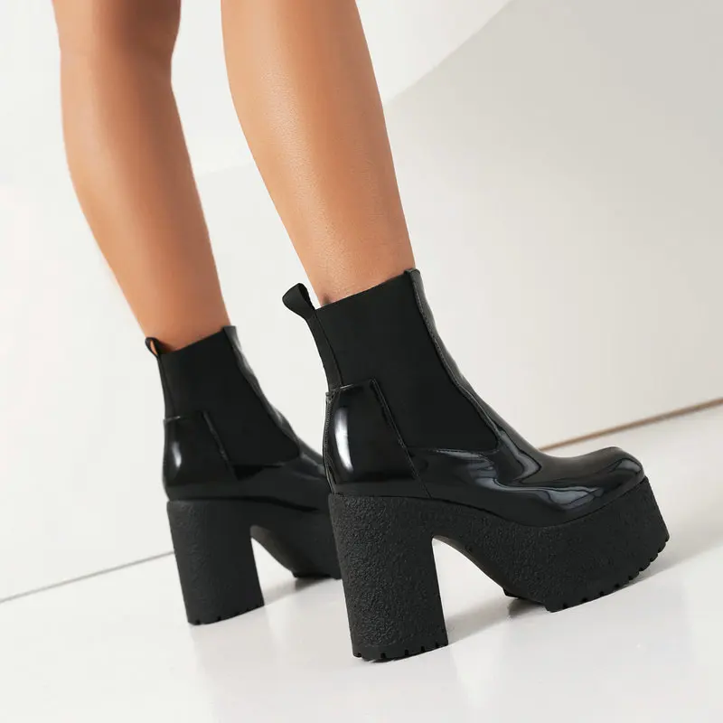 

European Western Slip-on Solid Black Shoes Women Winter Goth Elastic Band Ankle Stretch Block High Heels Platform Chelsea Boots