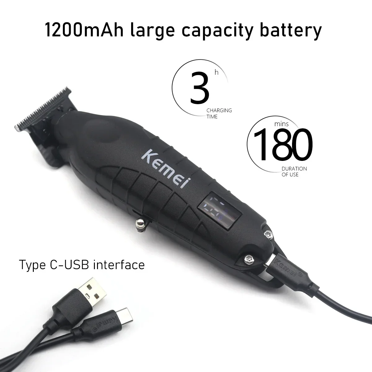 Kemei KM-2293 전문 헤어 트리머 기계 제로 갭 풀 메탈 DLC T-블레이드 마무리 기계 USB LED 남자 헤어 클리퍼
