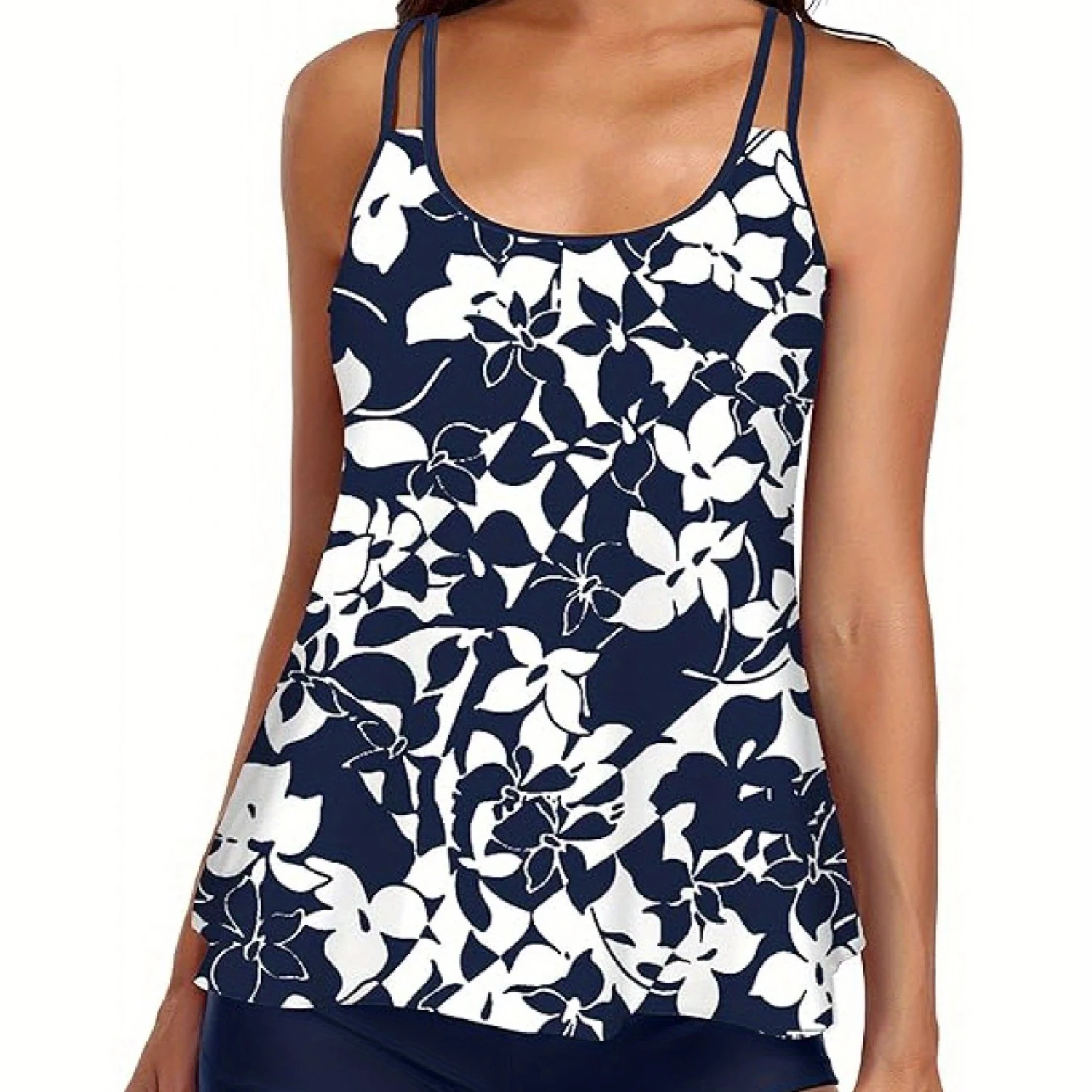 Two Piece Womens Loose Fitting Tankini Swimsuit-High Stretch, Tummy Control, Crew Neck, Random Print, Sleeveless, Nylon and Sp