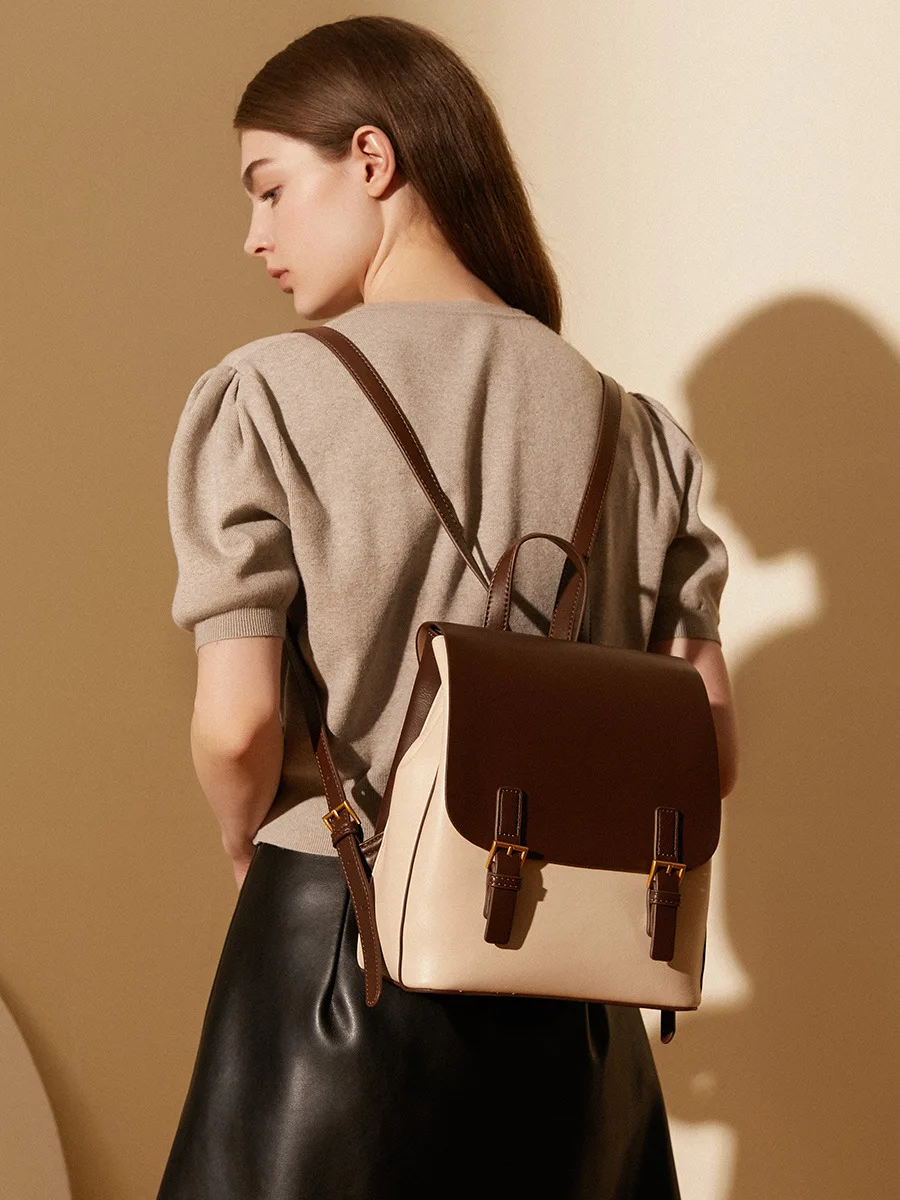 Women Backpack Purse Genuine Leather Designer Travel Backpack Preppy Style Retro Fashion Contrast Backpack