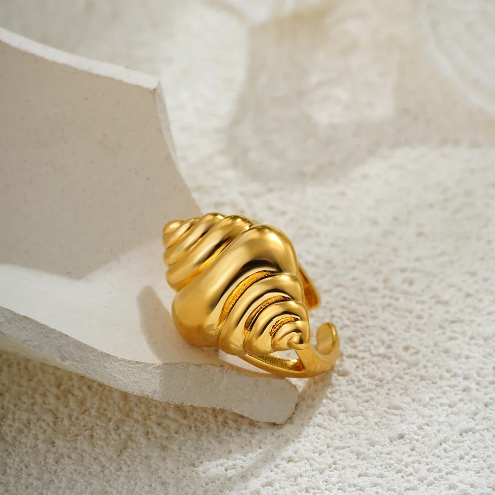 316l PVD Stainless Steel Summer Beach Shell Rings Creative Seashell Scallop Sea Snai Chunky Ring 18K Gold Plated Retro Jewelry