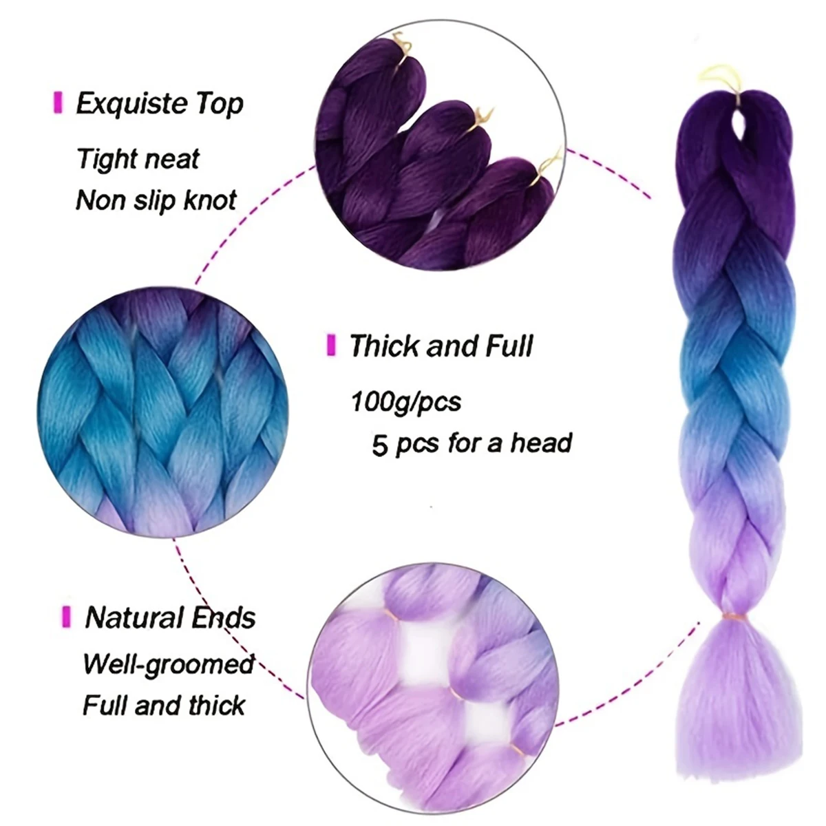 1 Pack 3.53oz Braiding Hair Purple Blue Colorful Synthetic Braids Hair Extensions Synthetic Crochet Braids For Women