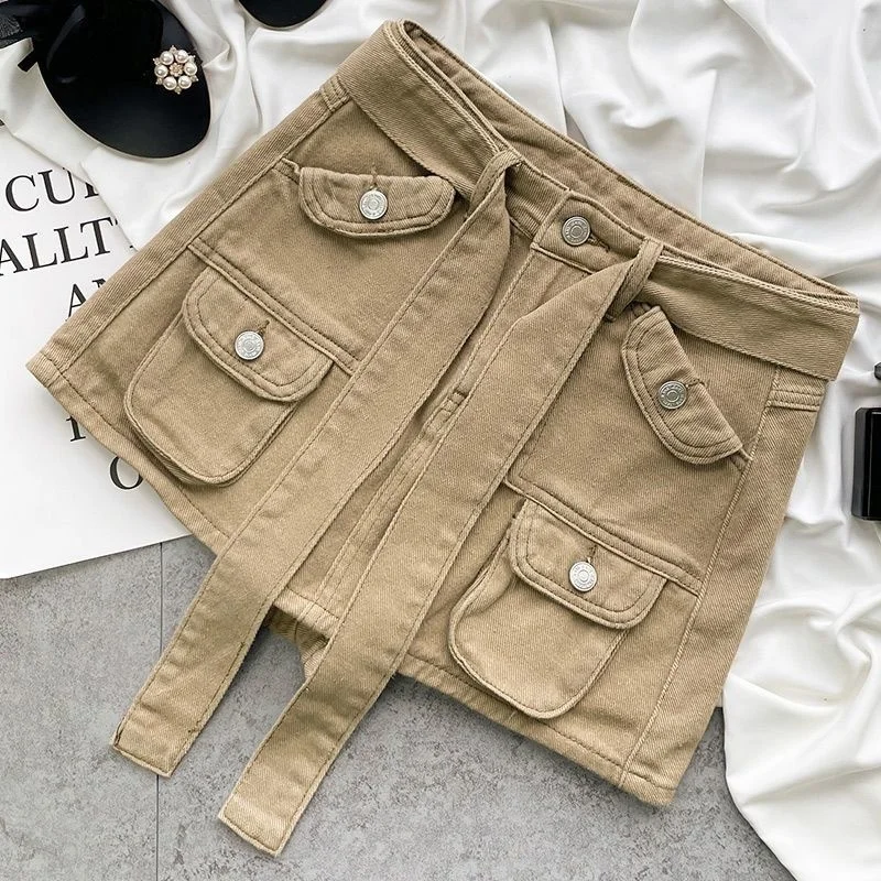 

Summer new sexy all-match strap pocket high waist denim tooling short skirt women design sense a-line skirt gothic