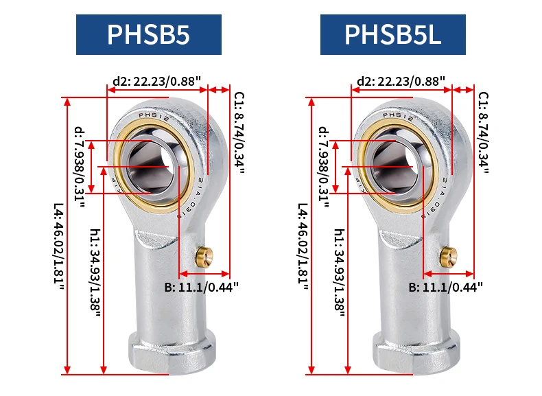 PHSB3 PHSB4 PHSB5 PHSB6 PHSB10 PHSB12 PHSB16 Gelenklager am Stangenende, britisches System mit Fettnippel, universelle Rotation, Fischauge – Detail 5
