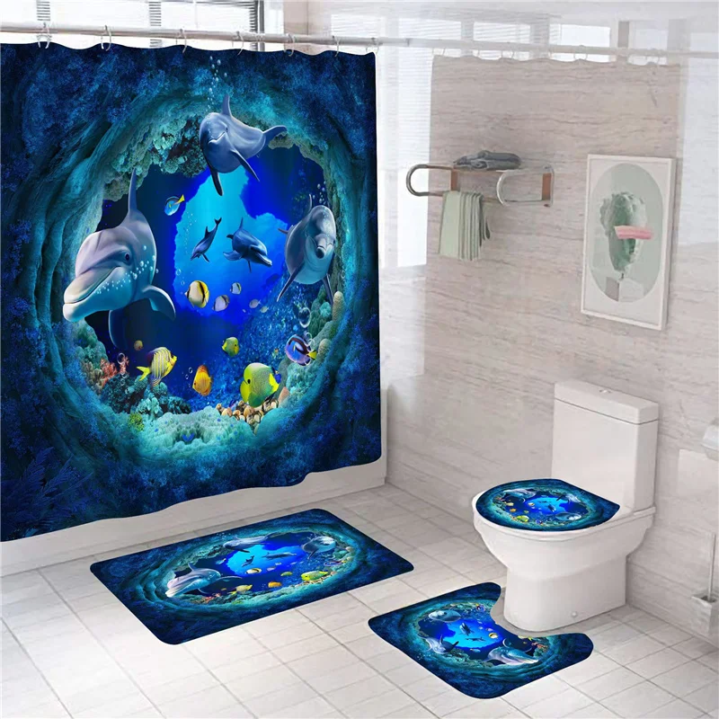 

Dolphin Digital Printing Home Decor Bathroom Toilet Cover Sets Waterproof Shower Curtain Mats Carpet Rugs Suits