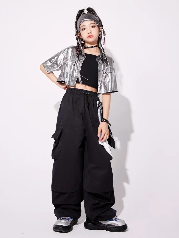 Silver Short Coat Black Cargo Pants Modern Kpop Clothing Kids Jazz Performance Stage Outfit Girls Hip Hop Dance Costume