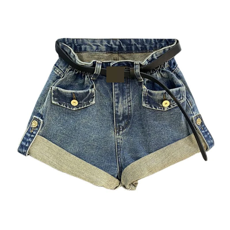 2023 Summer New Design Flower Bud High Waist Curled Shorts A-line Wide Leg Casual Denim Shorts for Women