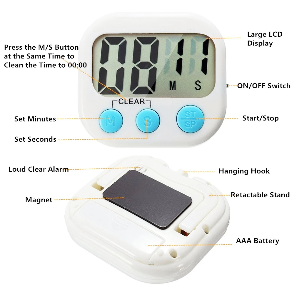 Electronic Kitchen Timer LCD Display Large Screen Electronic Timer Positive  Negative Baking Timer Reminder Timing Big Loud Alarm