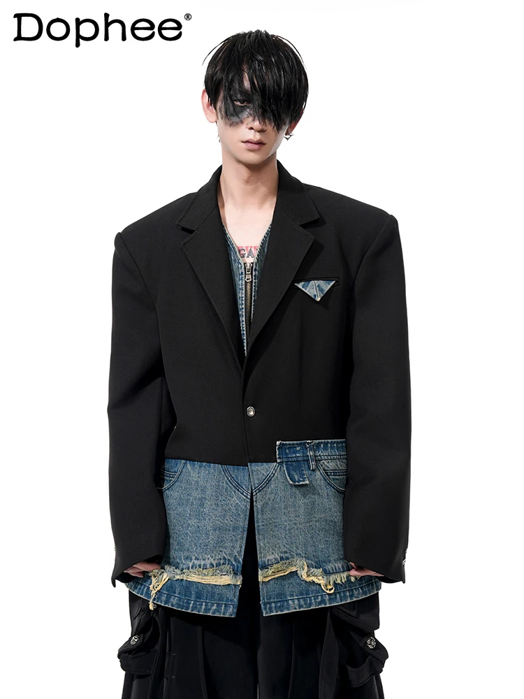 Male Niche Design Tailored Coats Personality Faux Two-piece Spliced Denim Blazers Male Handsome Long-sleeve Suit Jackets