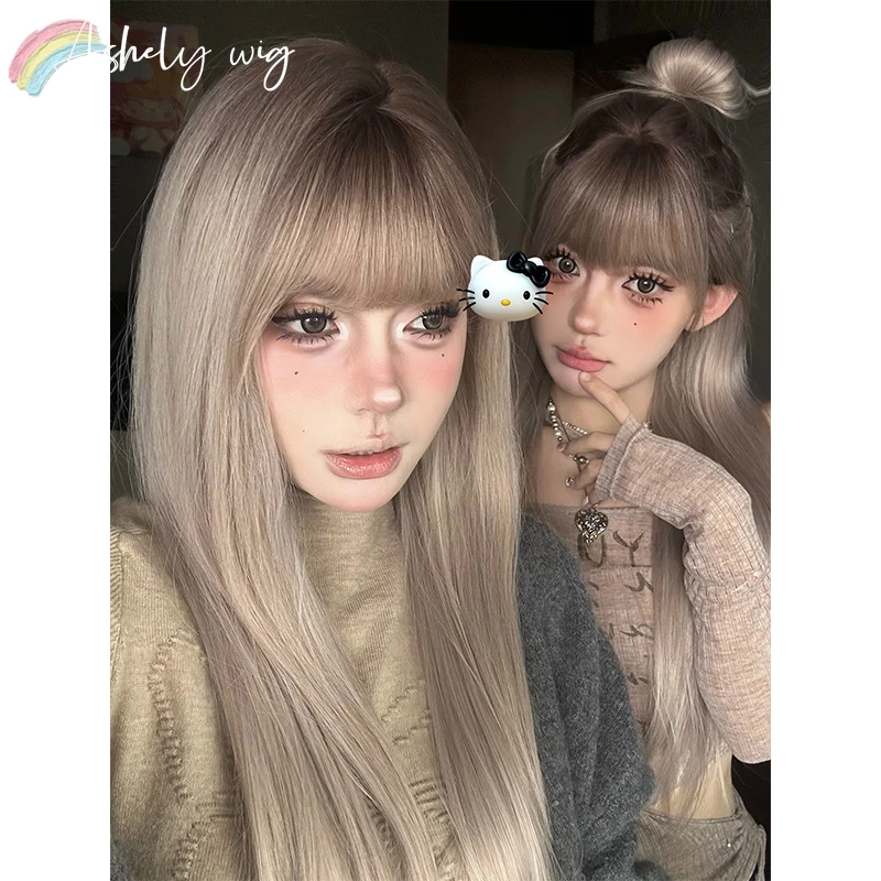 Ashely Emo Wig with Bangs 24inch Long Straight Hair Wig High Temperature Fibers Ombre Brown Fashion Headband Synthetic Wigs