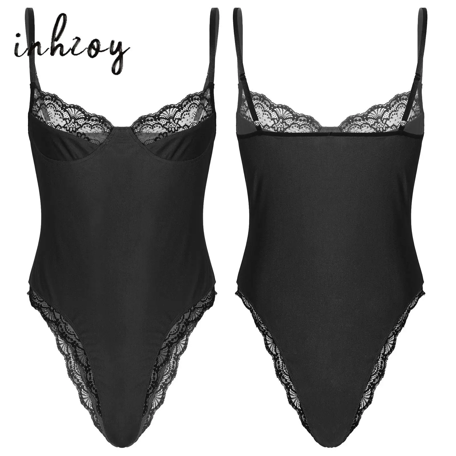 Gay Mens Sissy Lace Trim G-String Thong Leotard Bodysuit Lingerie Sexy Crossdress Underwear Teddy Pajamas Nightwear Clubwear