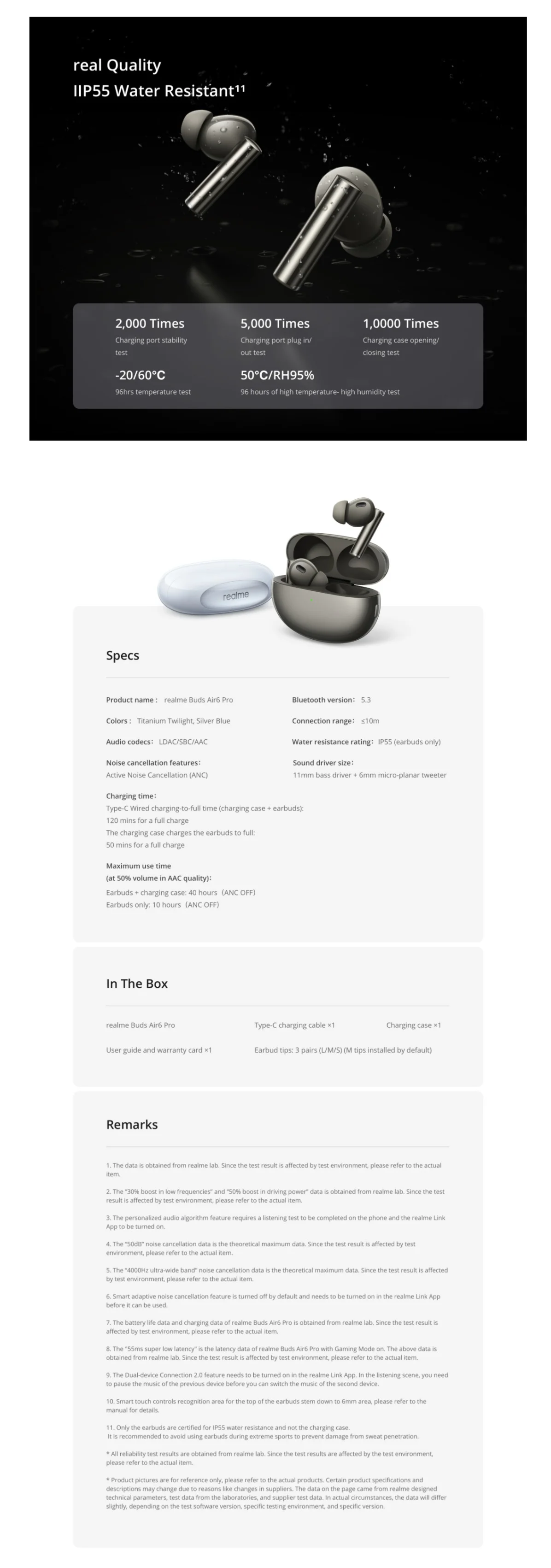 realme Buds Air 6 Pro zobrazené s príslušenstvom vrátane nabíjacieho kábla a manuálu