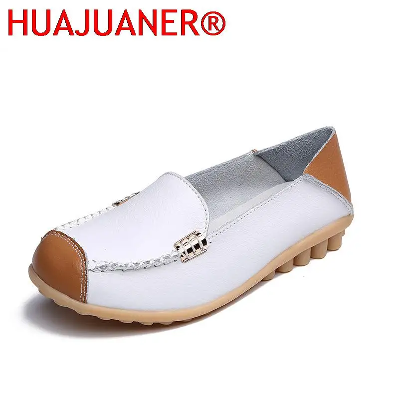 

Новые кожаные лоферы HUAJUANER для женщин, Повседневная модная женская обувь на плоской нескользящей подошве, обувь для медсестры, большие размеры 44, женская летняя обувь