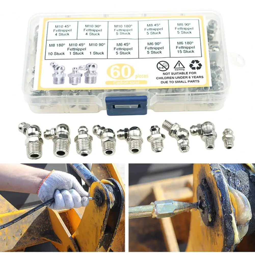 Grease Nozzle Nickel-plated Iron Lubrication Tip Fixings for Mechanical Equipment 60pcs M6/m8/m10 Grease Tool Accessories Bend