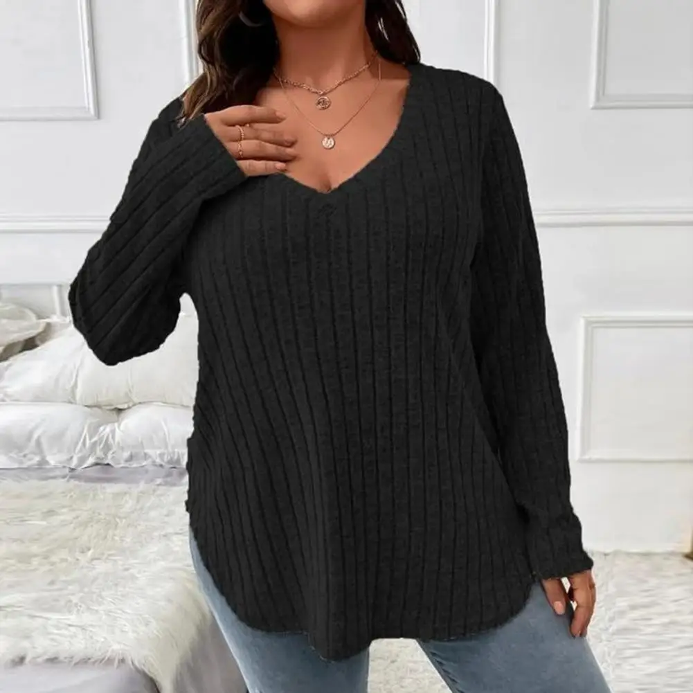 

Lightweight Sweater Cozy Knitted V-neck Pullover Stylish Plus Size Women's Fall/winter Top with Irregular Hem Soft Warm Casual