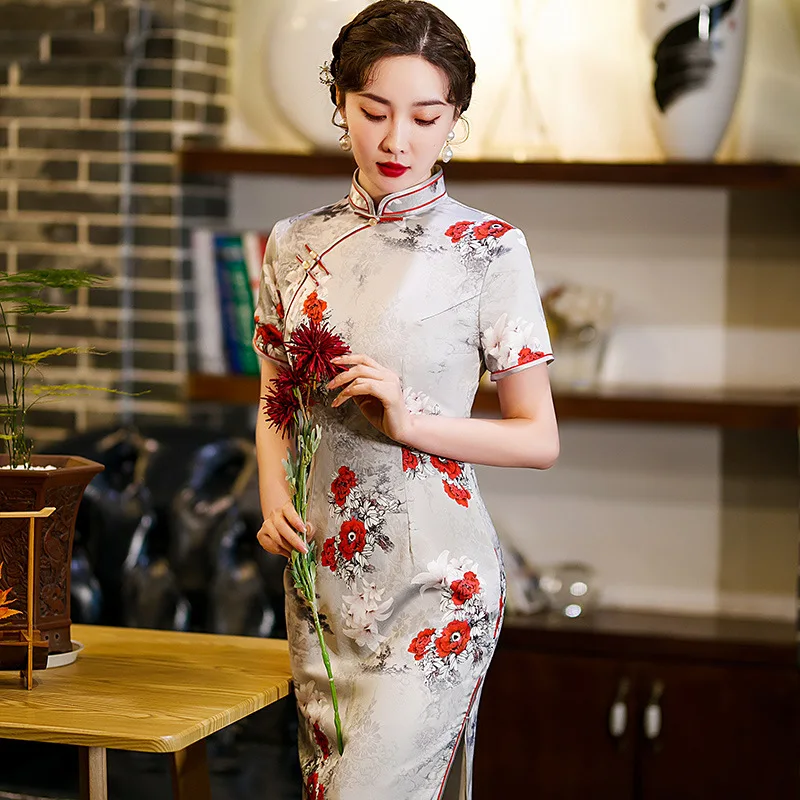 

Summer Chinese Style Slim Cheongsam Stand Collar Fashion Elegant Ladies Qipao Short Sleeve Traditional Cheongsam Evening Dress