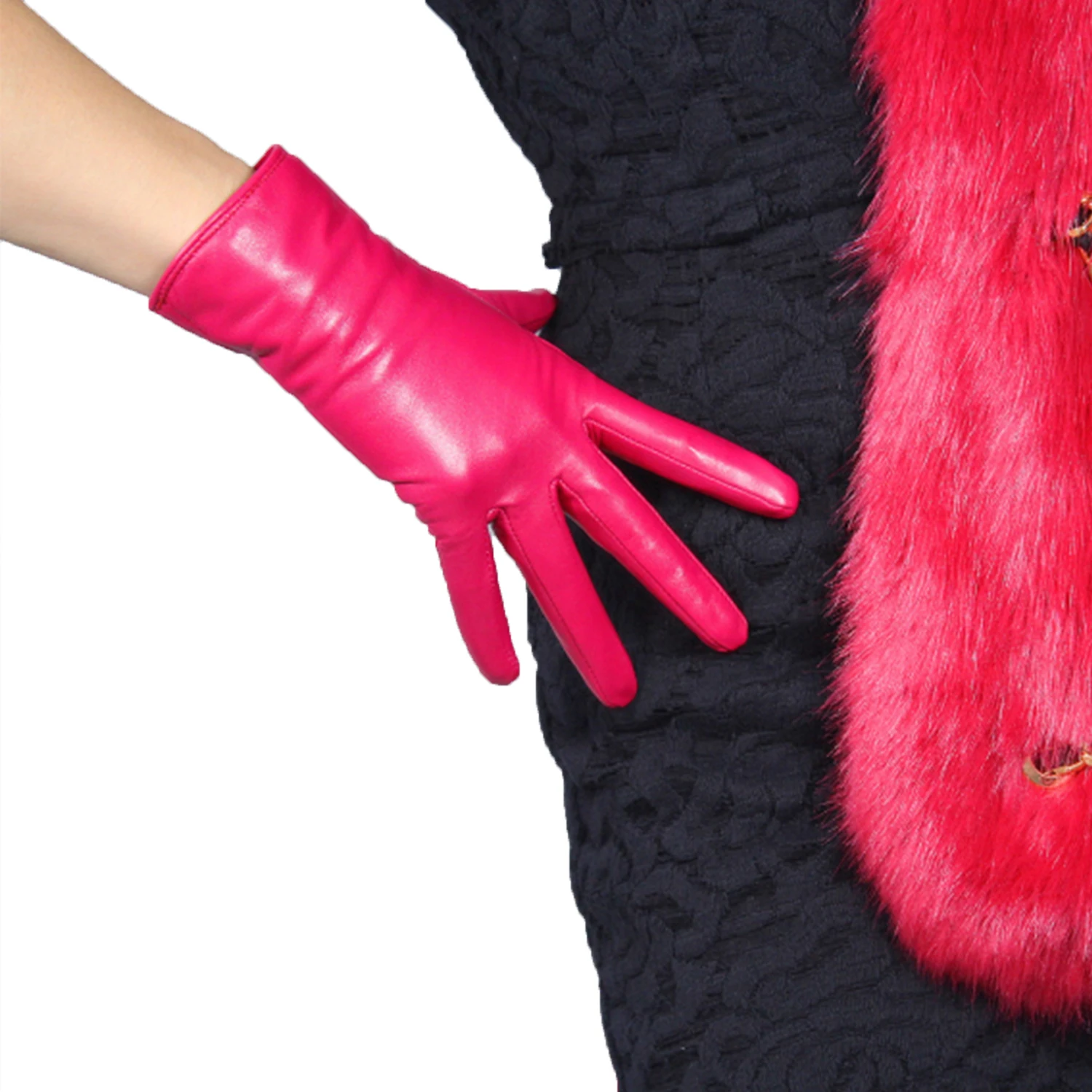 

Women Genuine LEATHER GLOVES Rose Pink Magenta 25cm Wrist Short Driving Glove REAL Lambskin Evening Fashion Costume Warm Lined