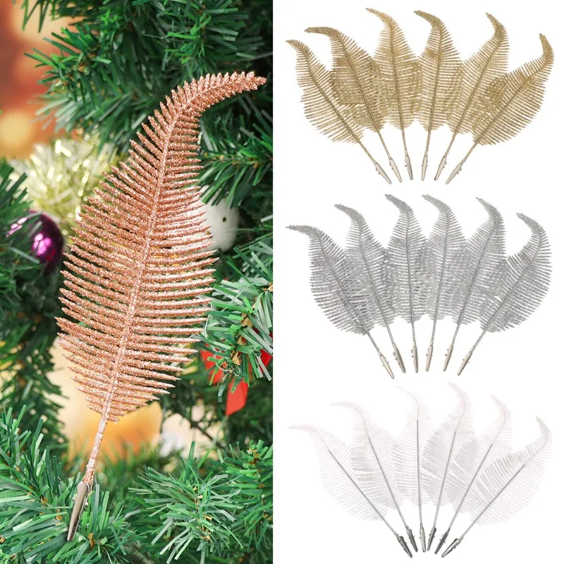 6pcs Christmas Glittery Feather Clip DIY Christmas Tree Decoration Feather Glittery Baubles Ornament Party Supplies Home Decor