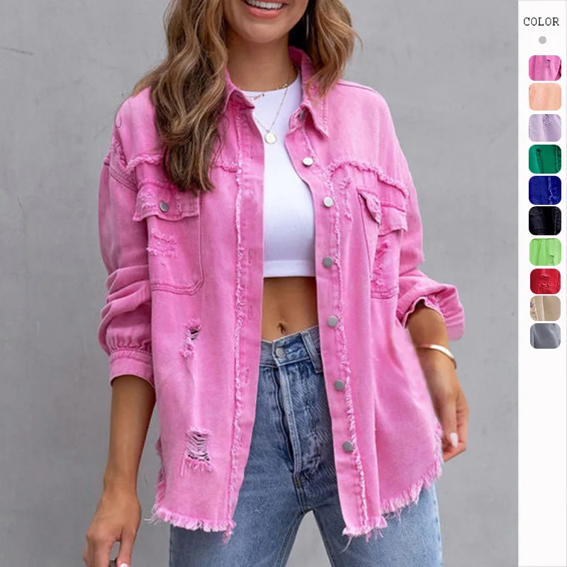

2023 autumn and winter women's new fashion fur-trimmed hole denim jacket long-sleeved lapel casual tops multicolor denim jacket