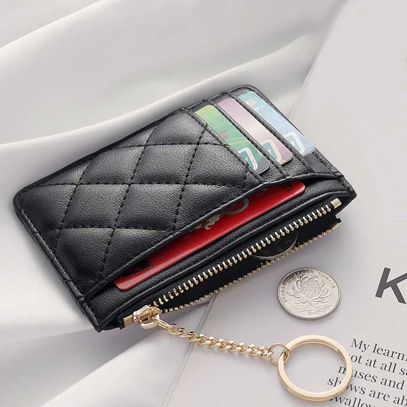 Quilted Minimalist Ring Mini Wallet - ID Bag with Multiple Card Slots and ID Holder, Zipped Coin Purse Faux Leather-tan carteras