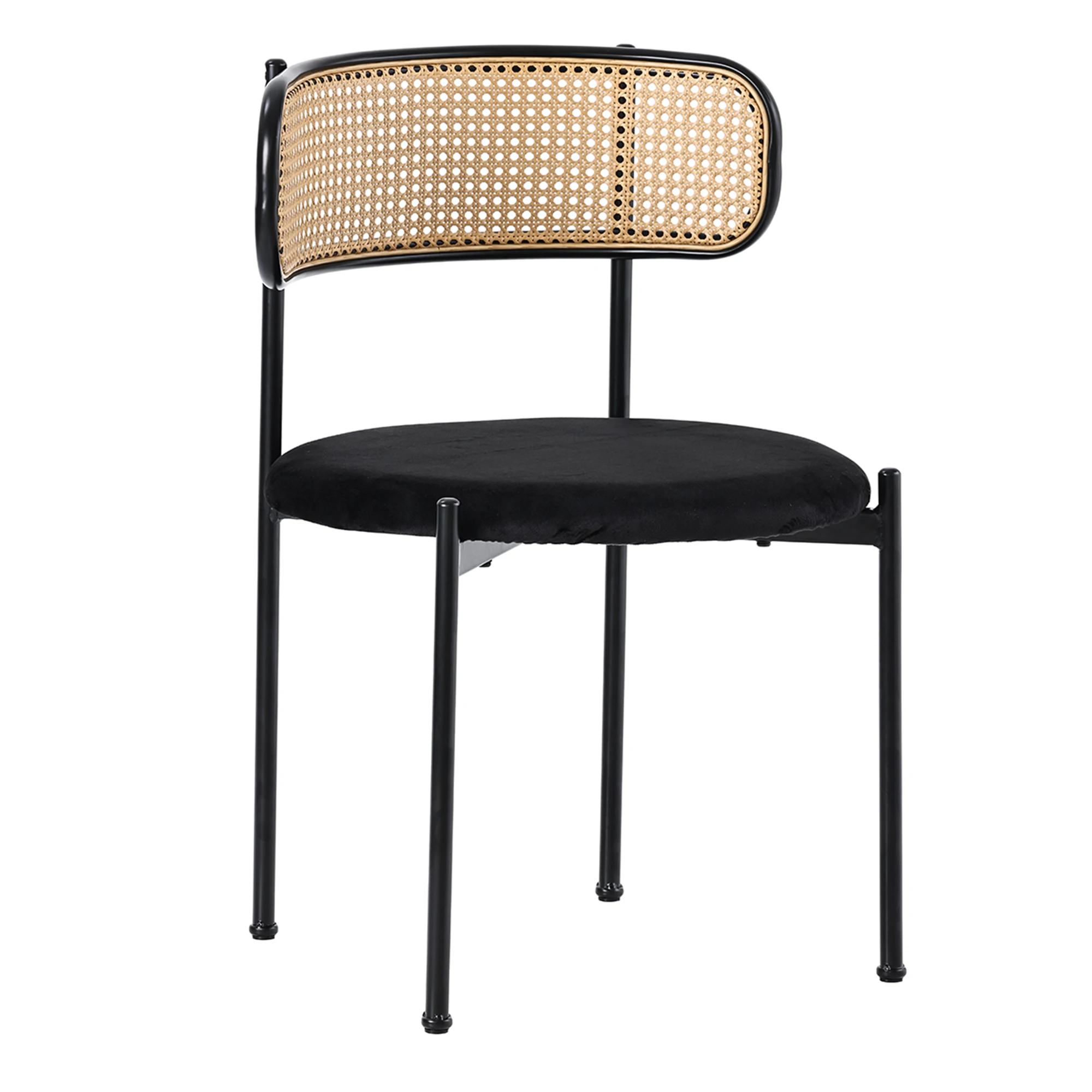 4-teiliges Esszimmerstuhl-Set, moderne Freizeitstühle aus Rattan mit Metallbeinen, schwarz. – Detail 10