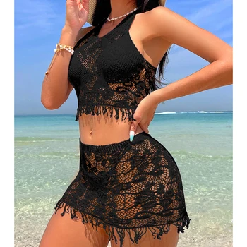 1 Set Sexy Women Fishnet Cover Ups Hollow Out Bodycon Women's Swimwear See through Tassel Dress without Bikini Beachwear 1