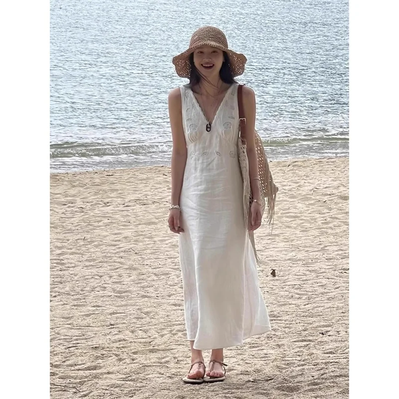 knee length dresses for ladies Ginger Linen Blend Vest White