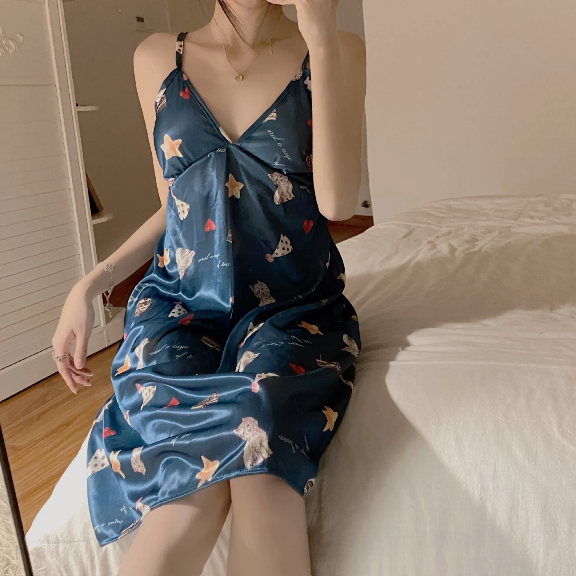 Women Nightgowns with Padded Bra Sexy Satin Silk Nightwear Striped Sleepwear Dress Lingerie Sleepdress Mini Homedress Nightdress