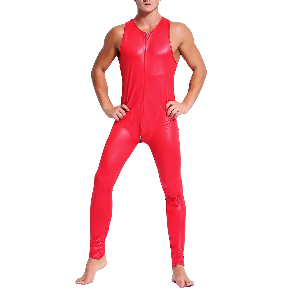 

Men Wetlook Sleeveless Faux Leather Jumpsuit Front Zip Leotard Bodysuit Clubwear Breathbale Bodystocking Lingerie Jumpsuit