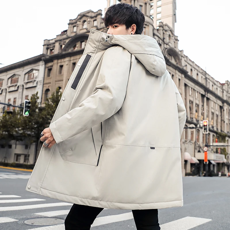 Casual Mid-Length Hooded White Duck Down Jackets Men\'s 2023 Winter Solid Warm Long Puffer Coats Windbreaker Outwear Thick Parkas