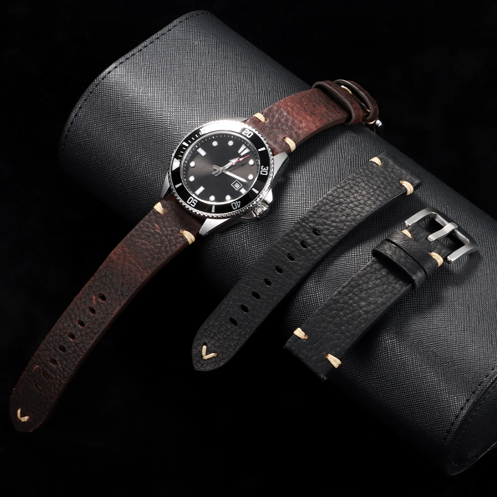 Vintage Genuine Cowhide Leather Watch Band with Metal Buckle
