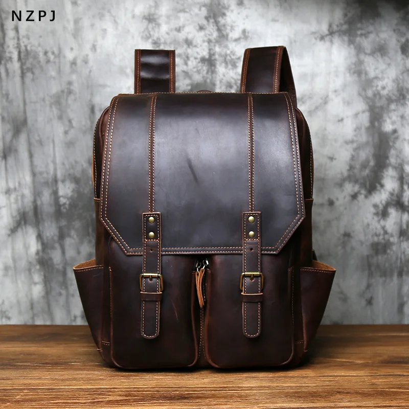 NZPJ Vintage Genuine Leather Men's Backpack Crazy Horse Leather Backpack Natural Cowhide Travel Bag Leisure Computer Bag