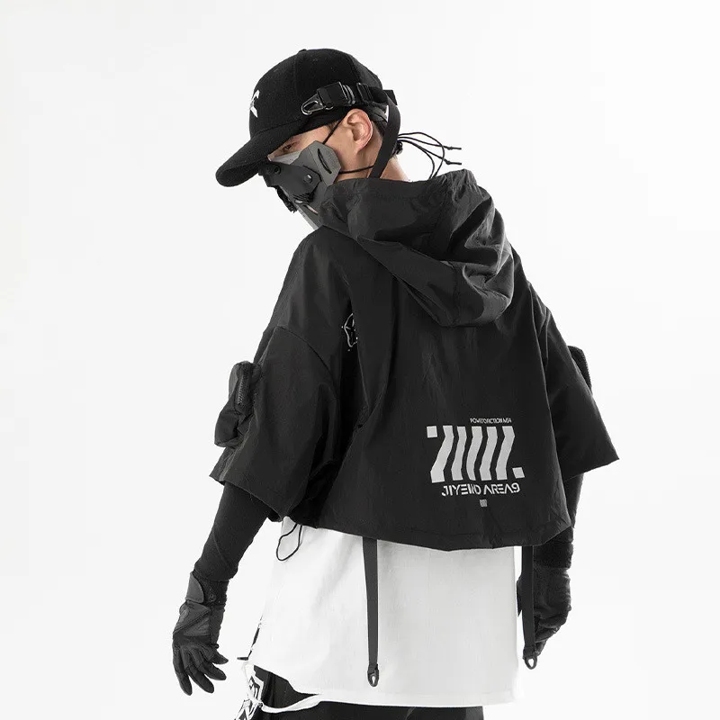 2023 Techwear Style Hip Hop Cropped Jacket Pullover Mens Punk Motorcycle Hooded Cloak Multi-pockets Jaqueta 4