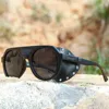 High-End Vintage Sunglasses Shield Unisex Size Round Steampunk Sunglasses Brand Fishing Goggles With Leather Cover