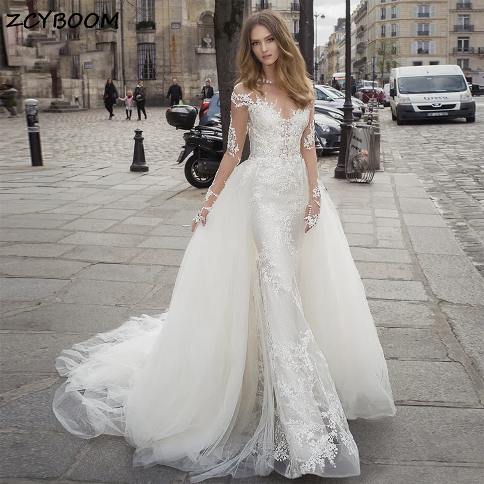 

Gorgeous Flowers Lace Appliques Mermaid Wedding Dresses 2024 Pearls Backless Court Train Illusion Tulle Bridal Gowns For Women