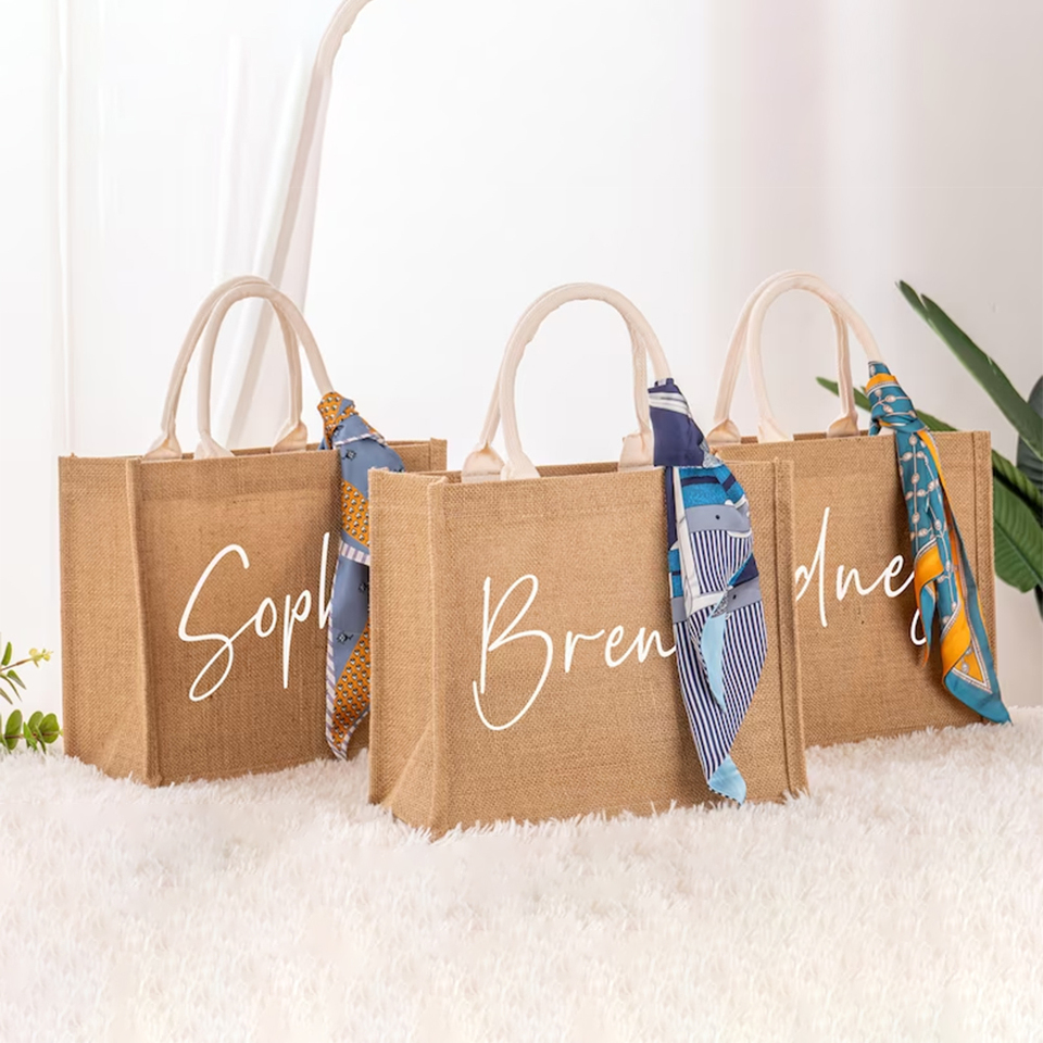 Personalized Bridesmaid Jute Tote Bags with Scarf Party Retro Beach Bag Bachelorette Gifts Girlfriend Gift for Her