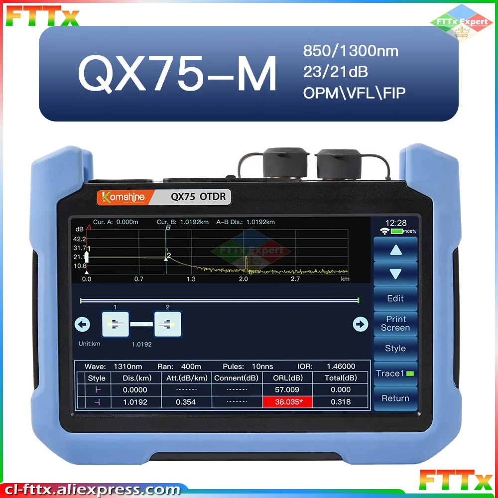 

Original KomShine QX75 Multimode OTDR Build-in OPM VFL 10mw MM OTDR 850/1300nm 23/21dB Optical Time Domain Reflectometer