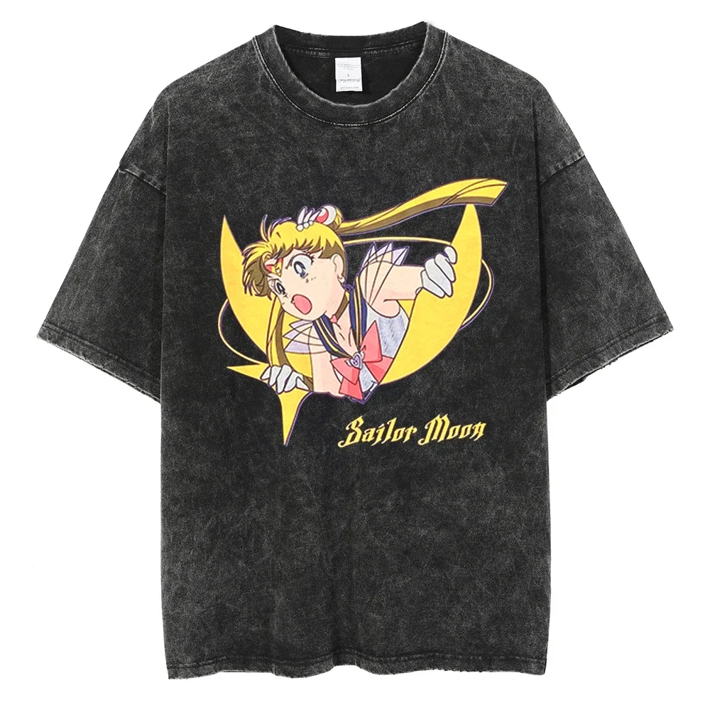 

Hip Hop Streetwear Men Washed T-Shirt Anime Sailor Moon Graphic Oversized T Shirt Summer Short Sleeve Cotton Tee Vintage Tops