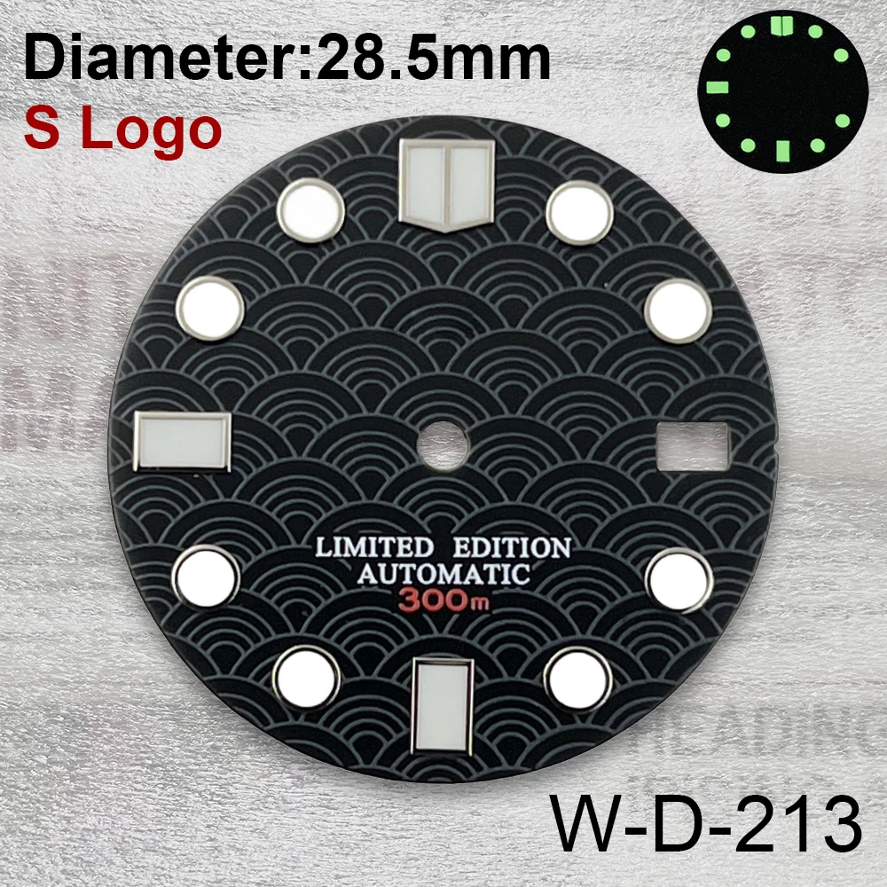 28.5mm S Logo  Fish Scale Dial Suitable For NH35/NH35A/NH36/4R/7S Movement Green Luminous Watches Modification Accessories