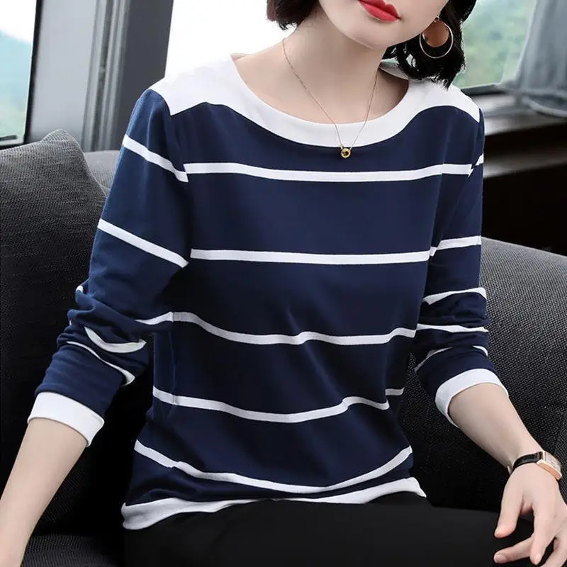 

2023 Fashion New Autumn and Winter Versatile Temperament Women's Clothing Round Neck Long Sleeve Oversize Casual Striped T-shirt