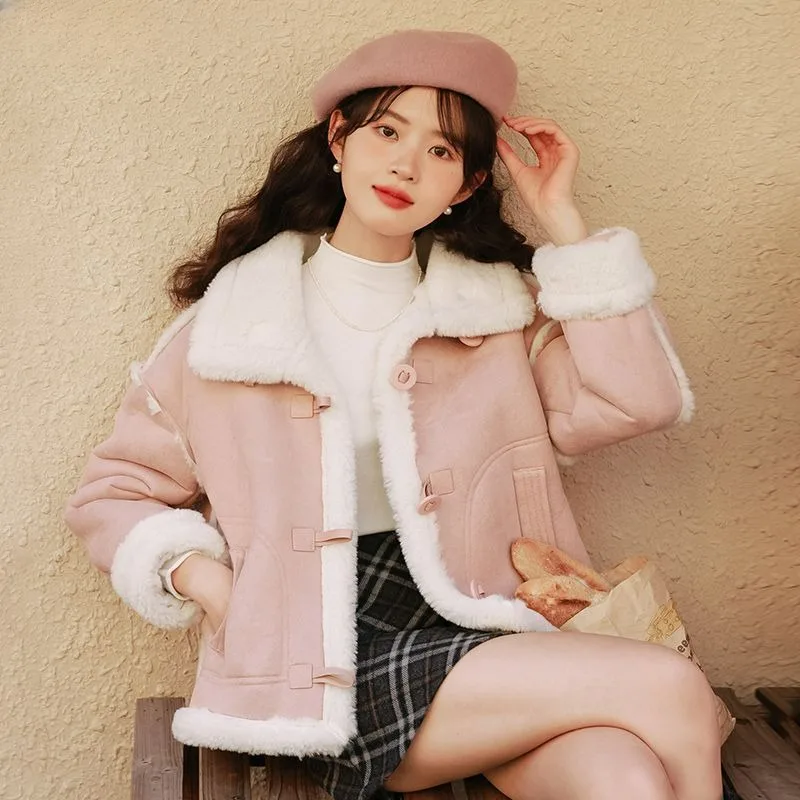 Fur Integrated Coat Winter Women Plus Velvet Thickened Faux Lamb Wool Jacket Female Loose Stand Neck Casual Versatile Outerwear imitated lamb wool short padded jacket men s thickened plus velvet large size fur collar loose padded jacket winter coat