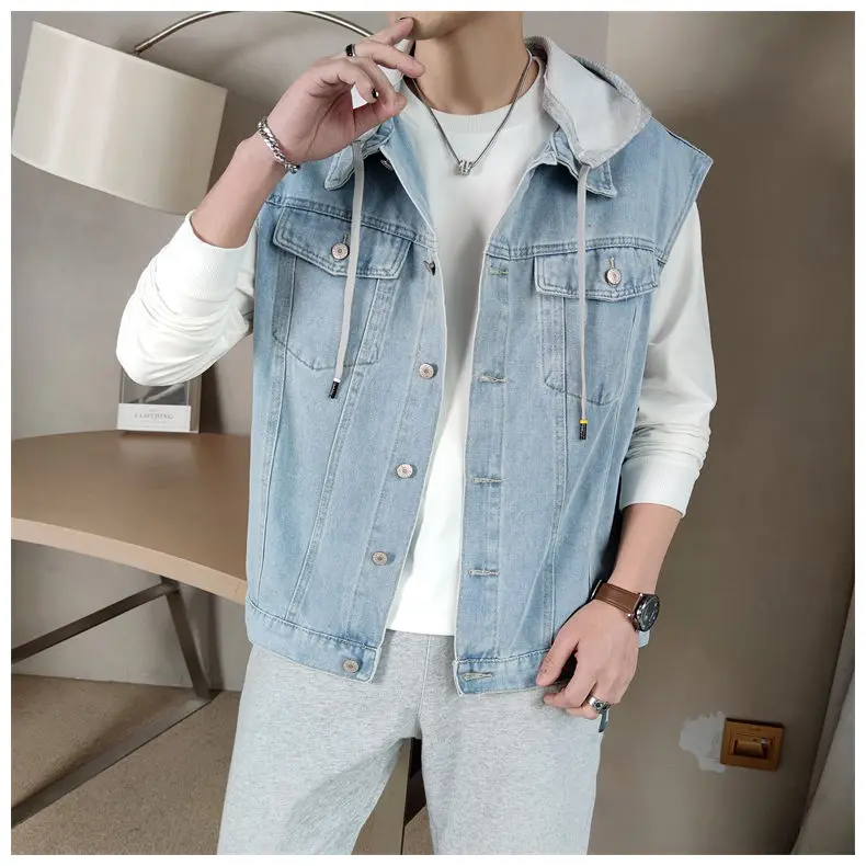 

BANNAJI Men`s Fashion Denim Vest Casual Style Waistcoat Fashion Vintage Sleeveless Hooded Jeans Jacket and Coat For Male