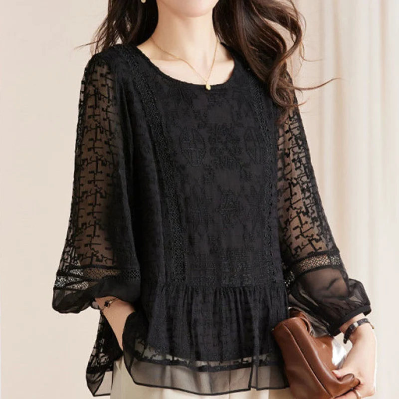 

Office Lady Solid Embroidery Lace Patchwork Shirt Autumn 2023 New O-Neck Nine Quarter Lantern Sleeve Loose Blouse Women Clothing